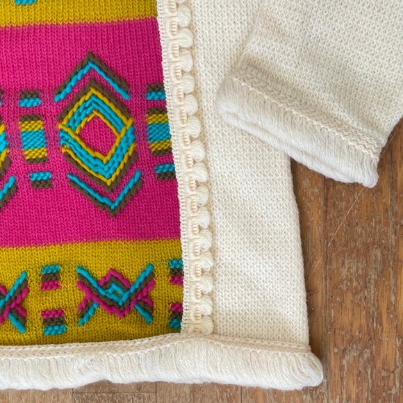 Vintage Embroidered Wool Sweater Size XS 1970s Knit Fringe Trim Southwestern - Picture 3 of 5